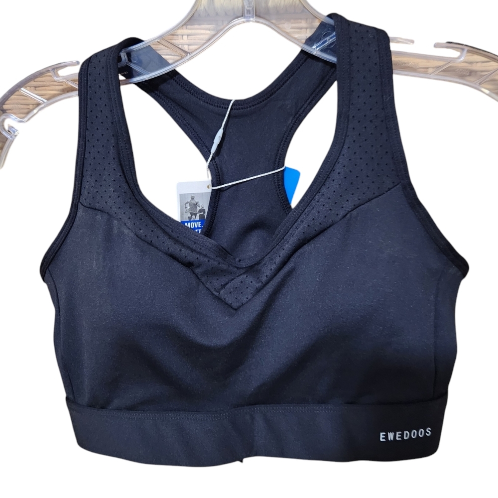 NWT Ewedoos Womens High Impact Sports Bra Racerback Medium Black